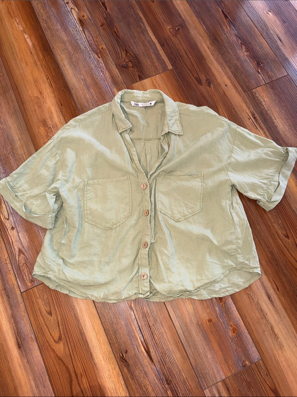 Zara Light Sage Green Short Sleeve Button-Up Linen Blend Shirt